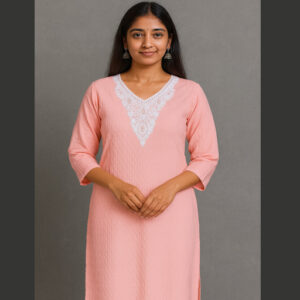 peach pink white lace embroidery Long Kurti