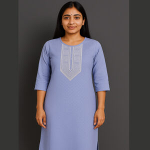 lavender blue white thread embroidery Long Kurti