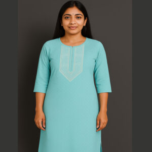 Turquoise green white thread embroidery Long Kurti