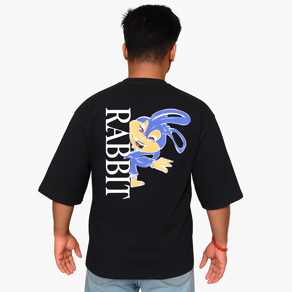 BLACK RABBIT DOWN SHOULDER T-SHIRT ROUND NECK