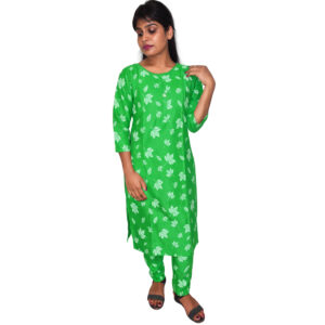 2 kurti pant Bright Parrot Green White floral and leafy pattern